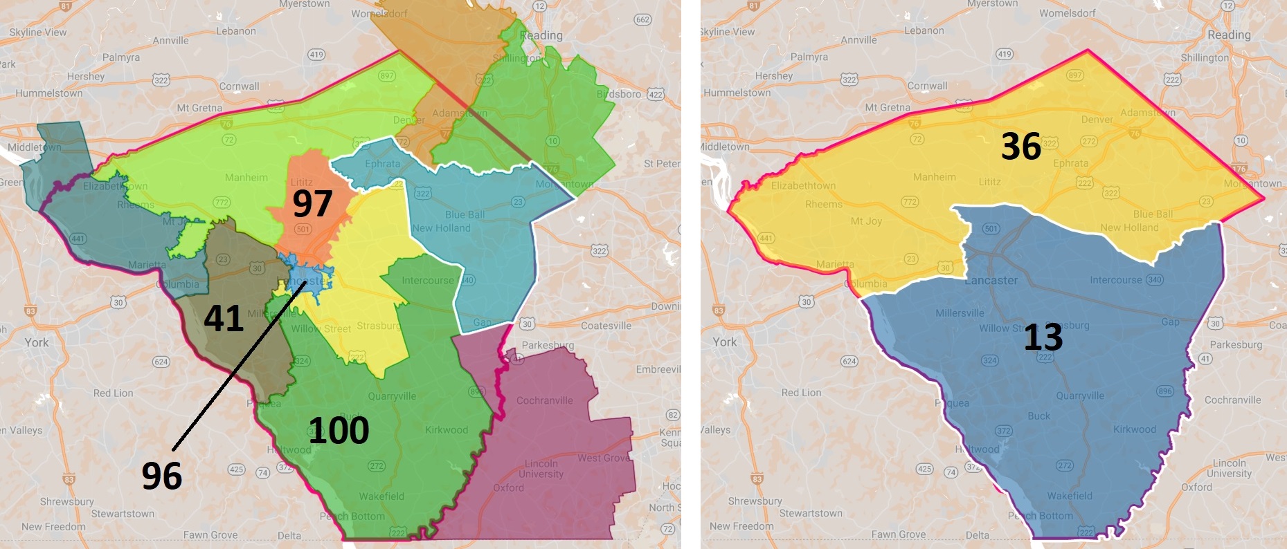 The boundaries for Lancaster County's state House (left) and Senate (right) districts. (Source: OUL | Fair Districts PA)