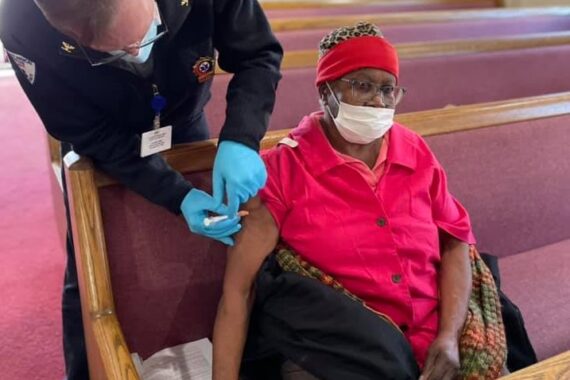 A Lancaster EMS staff member provides a Covid-19 vaccination at Faith Tabernacle Church of God in Christ on Sunday, Feb. 21, 2021. (Source: Lancaster EMS)