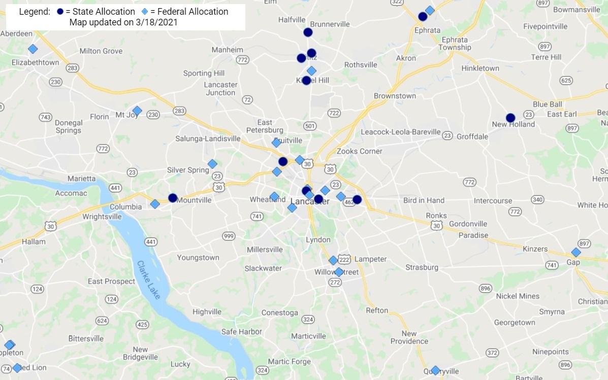 This map shows Covid-19 vaccine providers in Lancaster County as of March 18, 2021. Click on it to go to the state's Covid-19 vaccine page, which has an interactive version. (Source: Pa.gov)