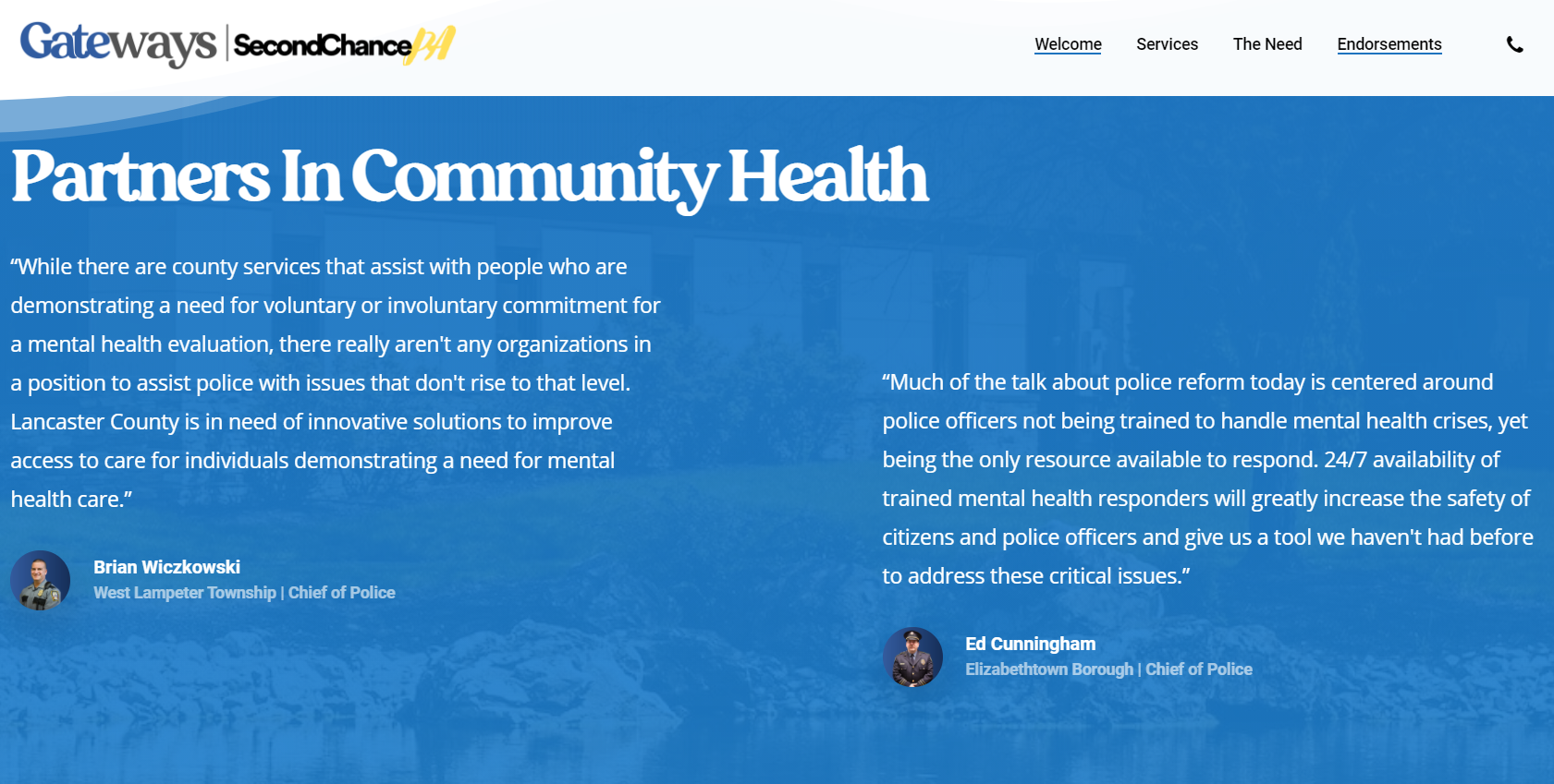 The Gateways website features endorsements from local police chiefs. (Source: gateways.secondchancepa.com)