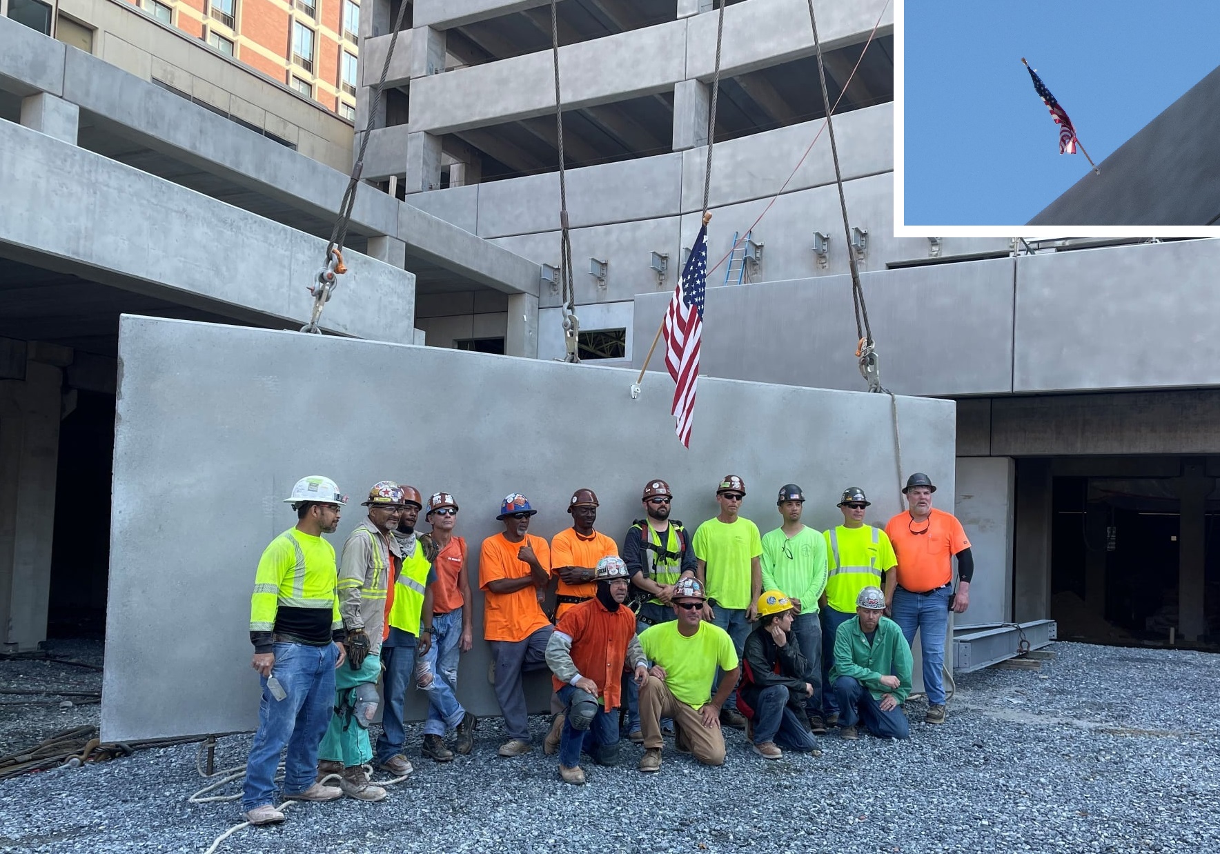 Construction workers pose with the final piece of precast concrete before it is hoisted into place at the Christian Street Garage on Aug. 24, 2021. Inset shows the flag flying atop the garage's southwest stair tower. (Source: Lancaster Parking Authority | OUL) 