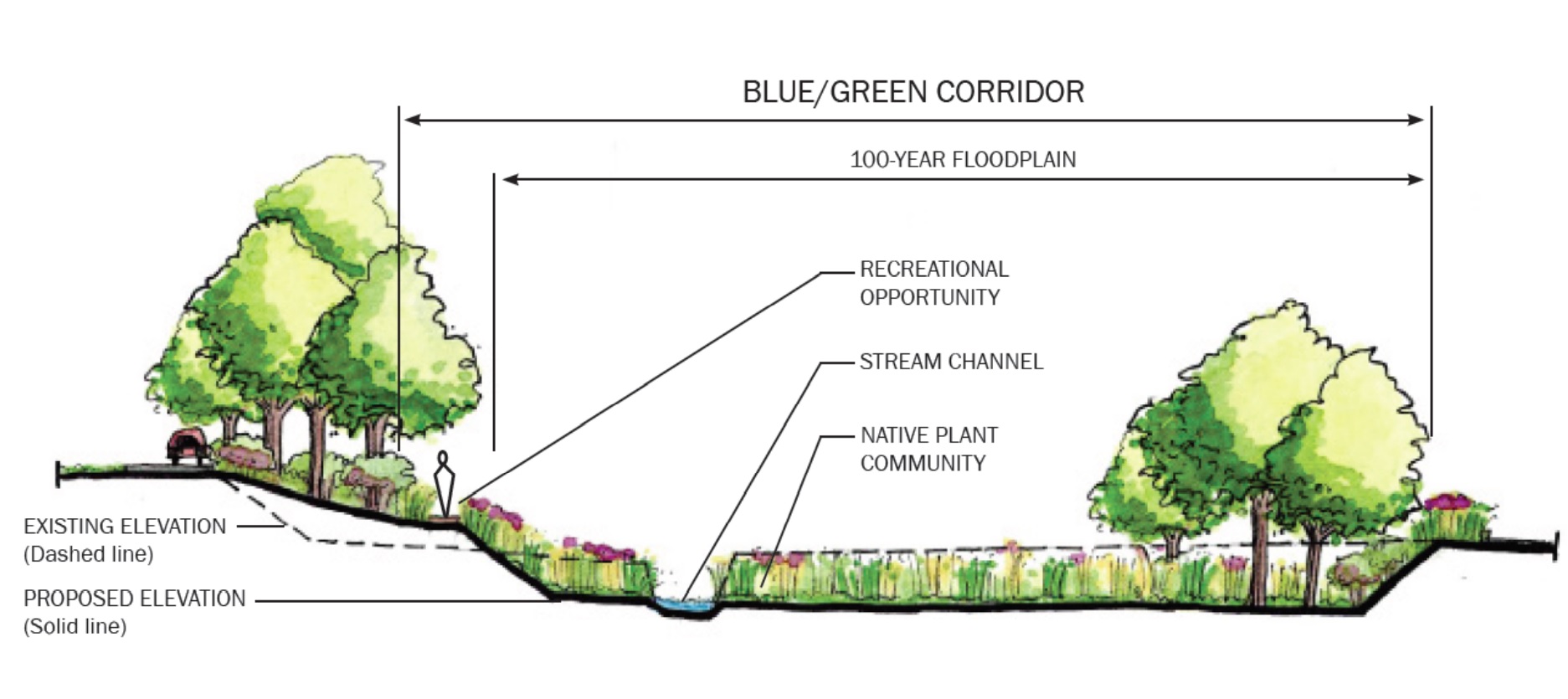 This rendering depicts how a cross-section of the Little Conestoga Creek would look after restoration. Note the dashed line representing the terrain as it exists now. (Source: Little Conestoga Creek Foundation) 