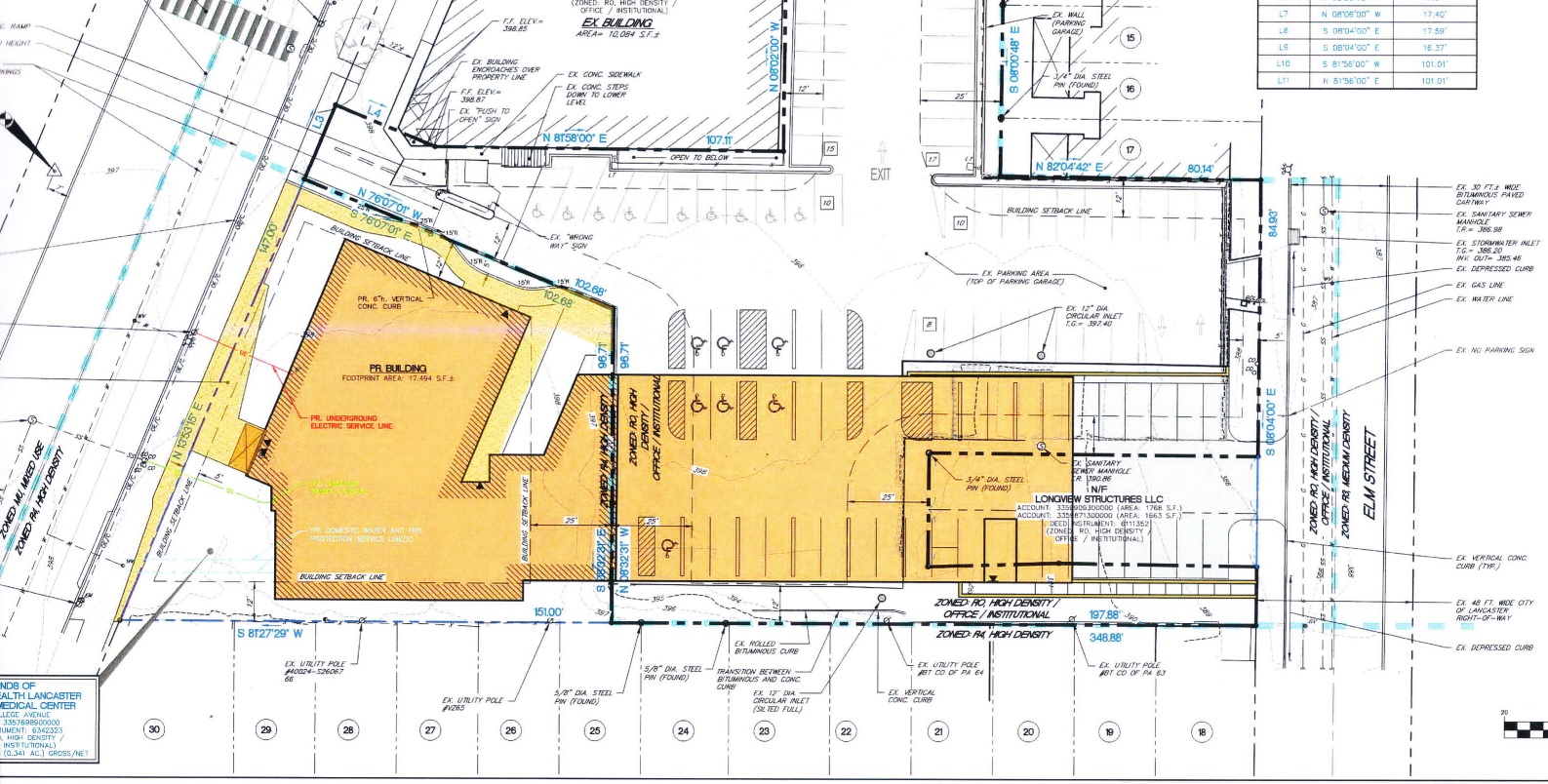 This excerpt from a site plan shows the proposed footprint for The Apartments at College Avenue between College Avenue (the angled street at left) and Elm Street (right). It was presented to the Lancaster Zoning Hearing Board on Monday, Jan. 24, 2022. (Source: Site Design Concepts) 