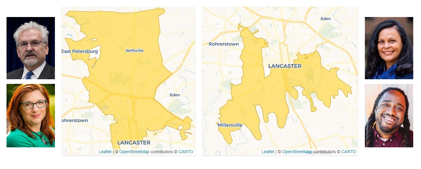 At left: proposed state House District 96; state Rep. Mike Sturla and Dana Hamp Gulick. At right: Proposed state House District 50, City Councilwoman Janet Diaz, City Council President Ismail Smith-Wade-El. Click to enlarge. (Source (maps): Spotlight PA, Votebeat)