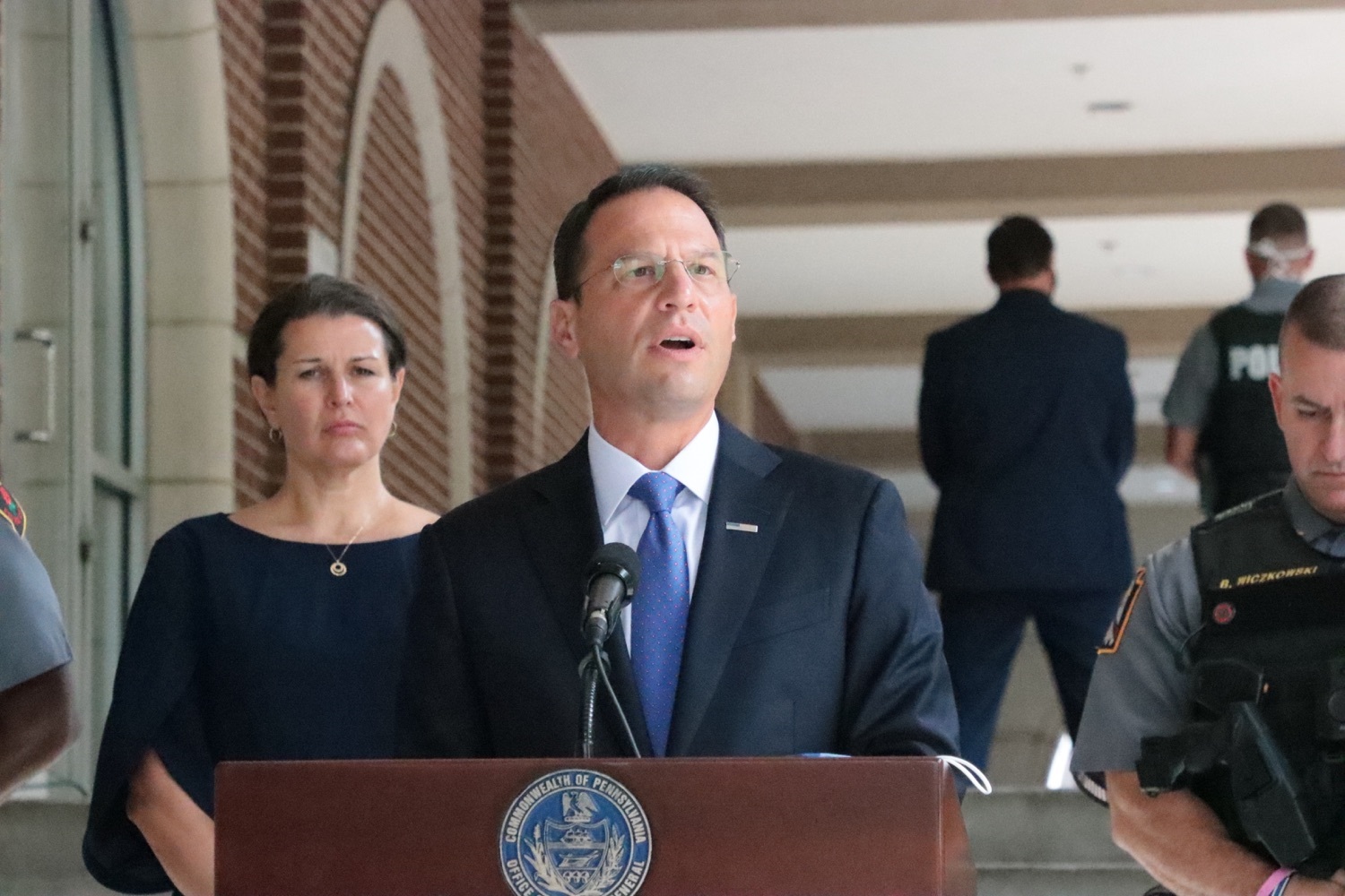Attorney General Josh Shapiro speaks at the Lancaster city police station on Tuesday, Sept. 28, 2021. Behind him are Mayor Danene Sorace, left, and West Lampeter Township Police Chief Brian Wiczkowski. (Source: Pa.gov)