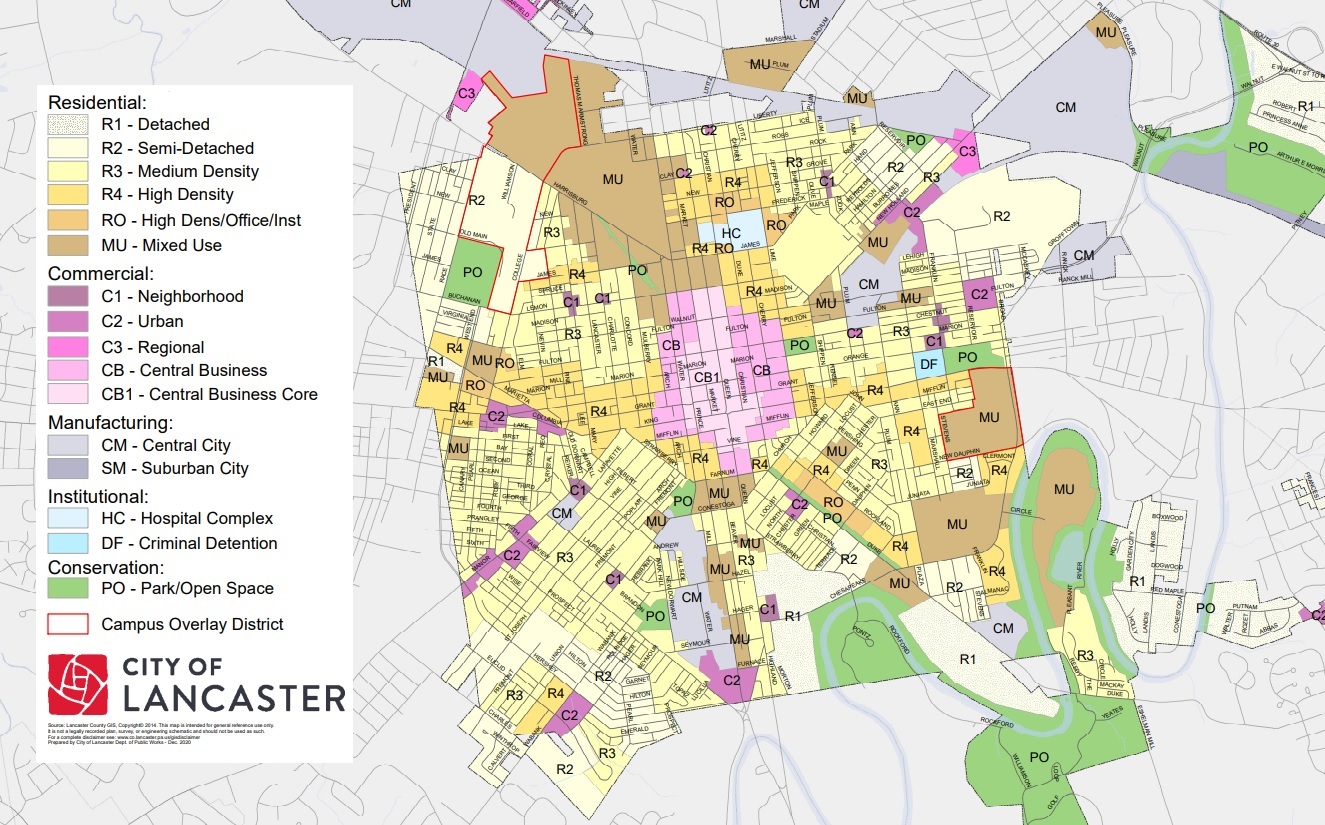Lancaster city's zoning districts. Click the map to visit an interactive online version. (Source: City of Lancaster)