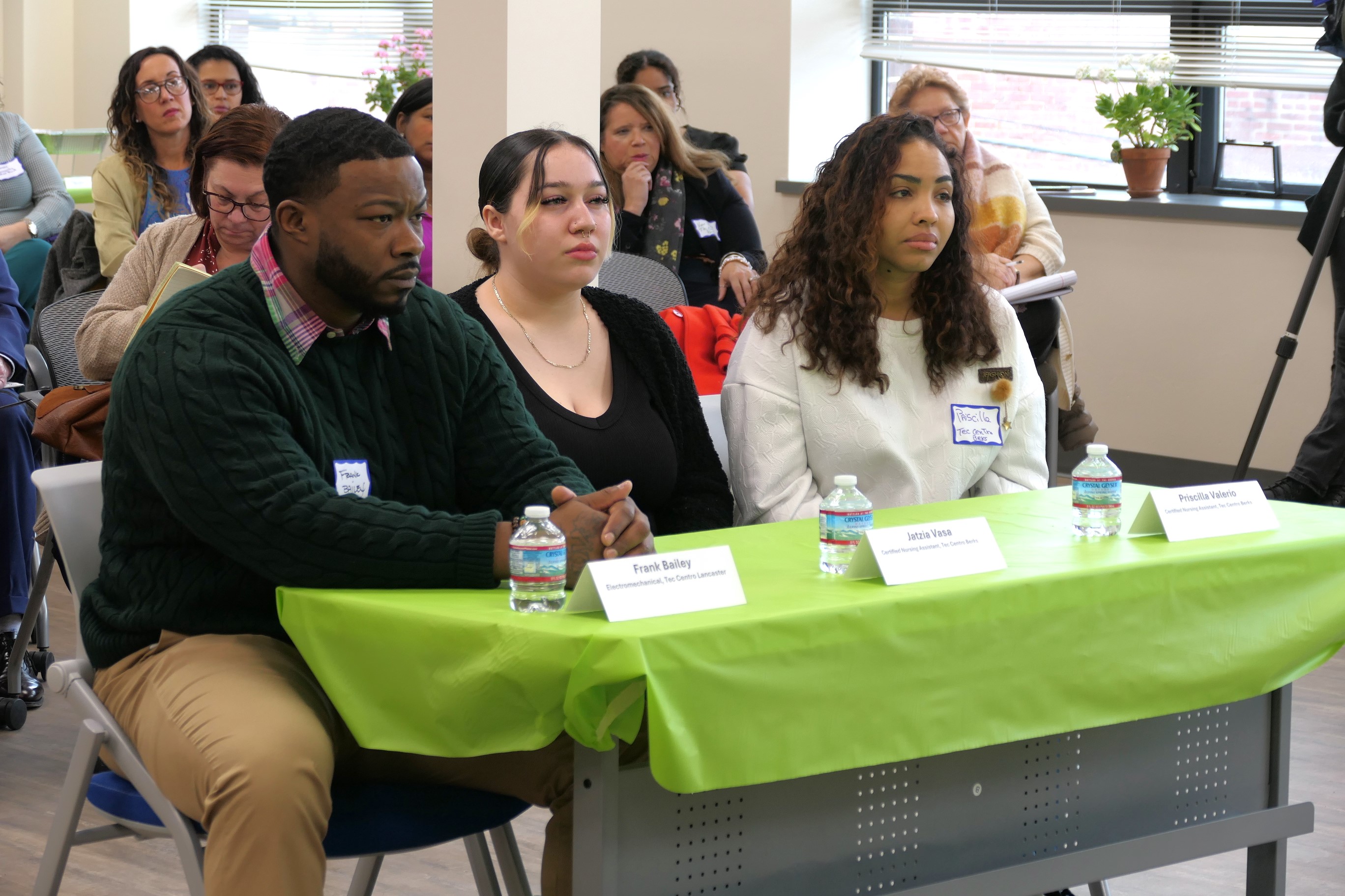 From left, Tec Centro program graduates Frank Bailey, Jatzia Vasa and Priscilla Valerio appear at a hearing on workforce development at Tec Centro West in Lancaster on Thursda, Jan. 25, 2025. (Photo: Tim Stuhldreher) 