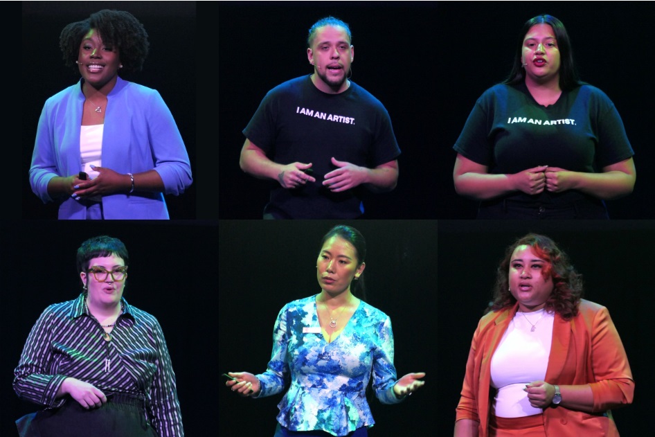 The 2024 Great Social Enterprise Contestants. Top row, from left: Brooklyn Smith-Jones, teammates Alex Colon and Tabitha Benitez. Bottom row, from left: Kate Farbo, Lily Meng, Jakyra "Ky" Simpson. (Photos: Tim Stuhldreher)