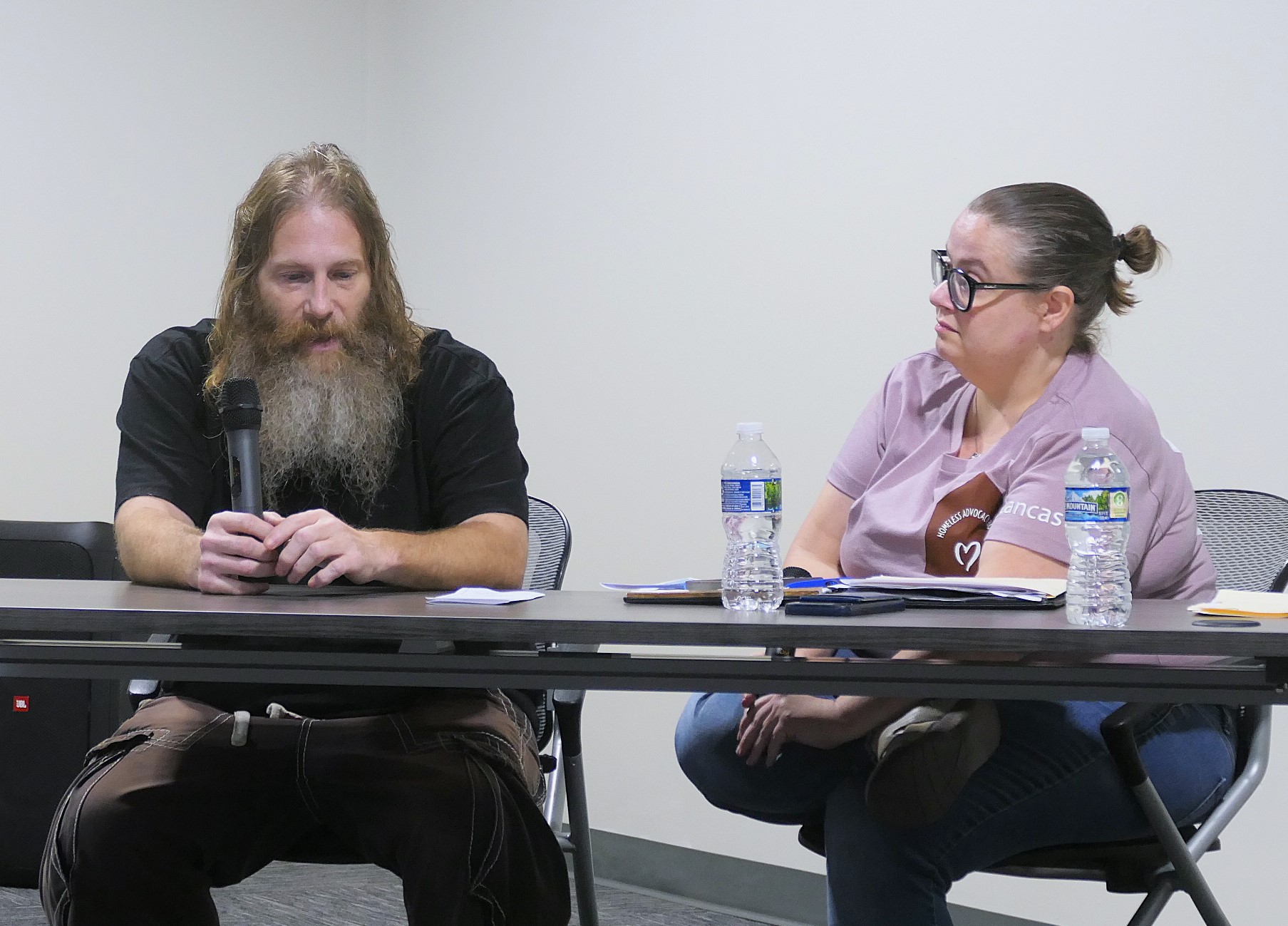 Dave Anctil, left, is interviewed by the Rev. Mandy Mastros at a SoWe forum on homelessness on Wednesday, Sept. 25, 2025. (Photo: Tim Stuhldreher)